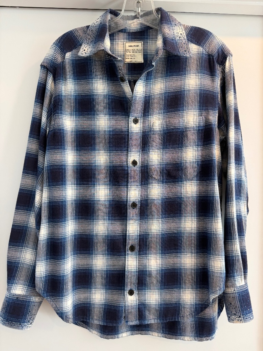 Zadig & Voltaire Navy Plaid Button-up Shirt with Rhinestones, XS
